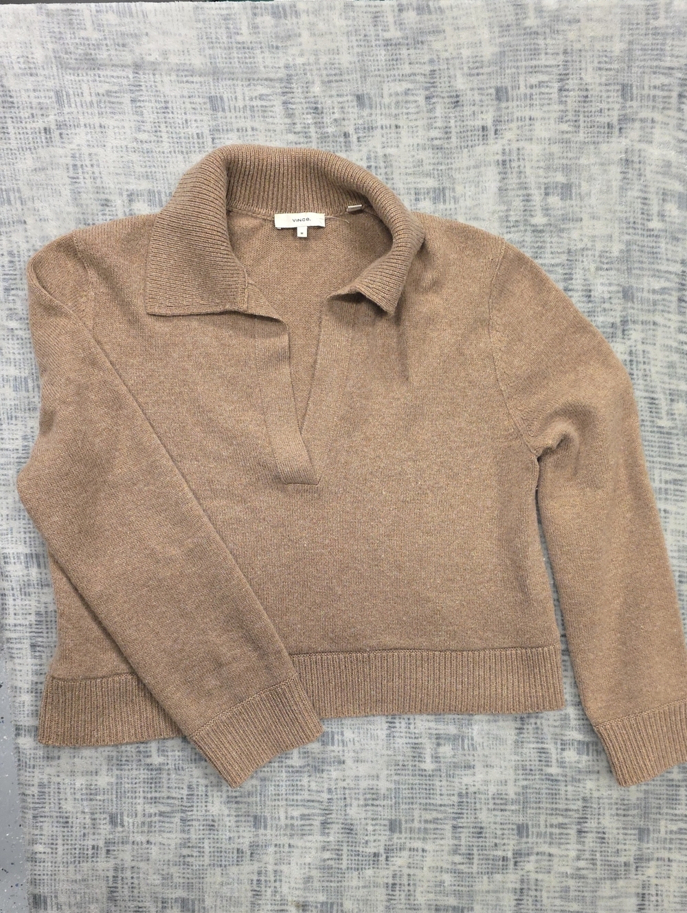 Vince Taupe V-Neck Collared Cashmere Blend Sweater